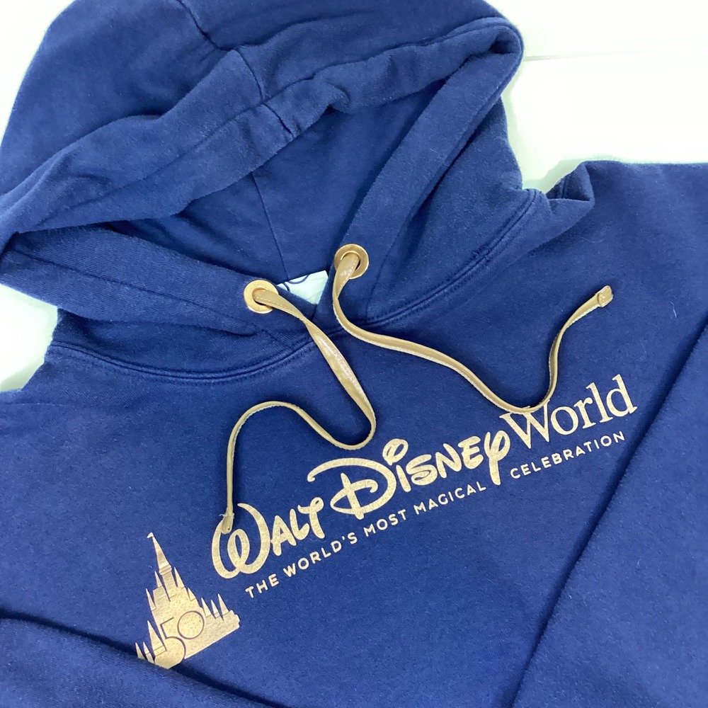 Disney World 50th Anniversary Crop Hoodie Blue Rose Gold Metallic Logo Large